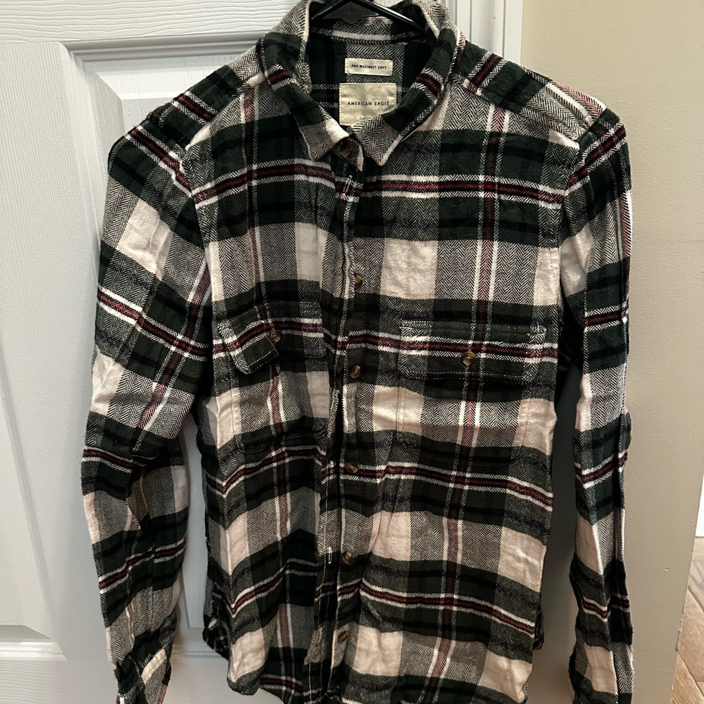 American Eagle Green and White Plaid flannel with snap closure